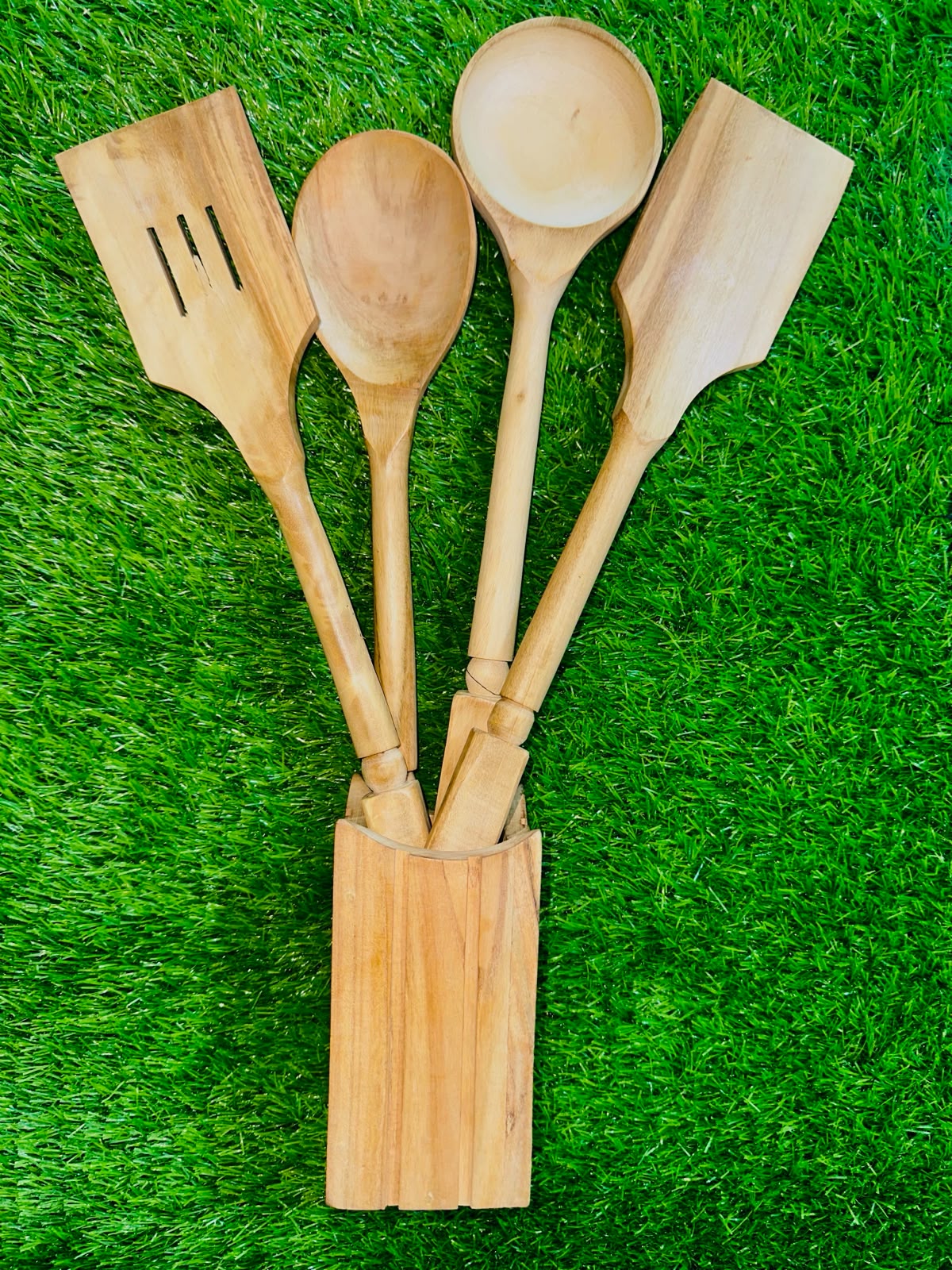 Premium Wooden Cooking Utensil Set with Holder (5 Pieces)