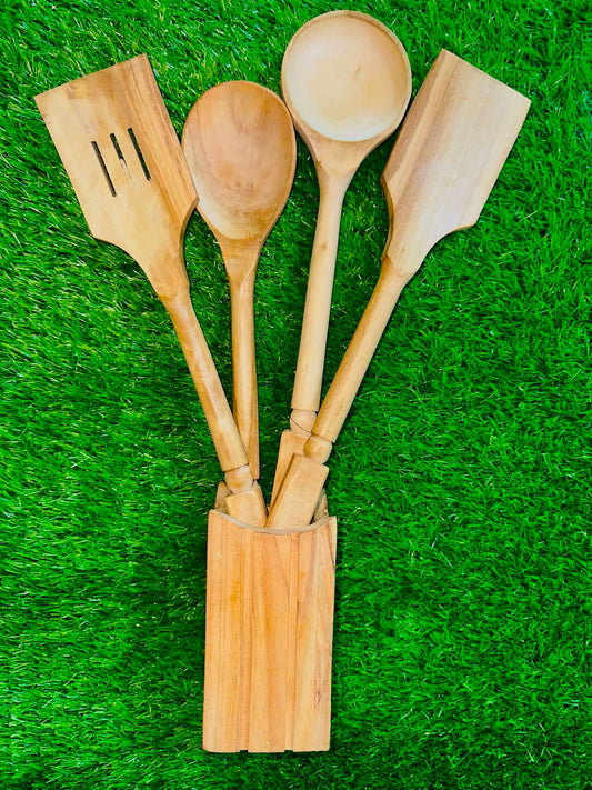 Premium Wooden Cooking Utensil Set with Holder (5 Pieces)
